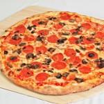 mozzarella, mushrooms, onions, and pepperoni pizza