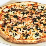 cheese, onion, mushroom, spinach, and red potato pizza