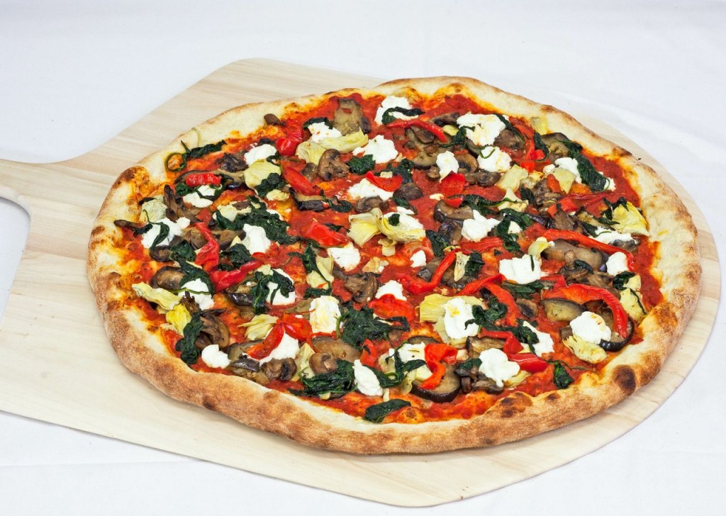 Pizza with ricotta, artichoke, peppers, eggplant, spinach, and mushroom