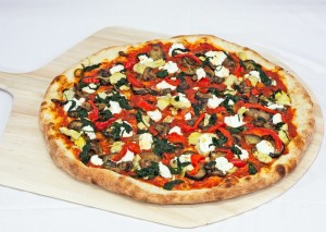 ricotta, artichoke, peppers, eggplant, spinach, and mushroom pizza
